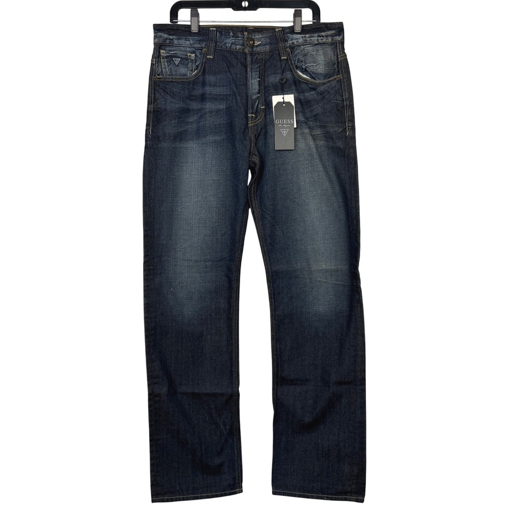 NEW Guess Kennedy Comfort Jeans Mens 33x32 BUTTON FLY Straight Dark Blue Denim